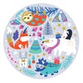 Christmas animals, mountains, trees and snowflakes in the circle