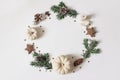 Christmas circle floral composition. Wreath of fir tree branches, pine cones, confetti, wooden stars, white pumkins on