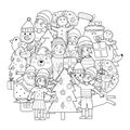 Cute Christmas characters circle shape pattern for coloring book. Doodle mandala with kids decorating a Christmas tree