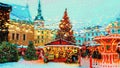 Christmas in the city  holiday New year  evening light  and snowflakes fall  in Tallinn old town square Christmas tree decoration Royalty Free Stock Photo