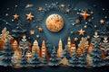 Christmas city landscape with houses, trees, moon, and stars. Paper art style. Vector illustration. Generative AI Royalty Free Stock Photo