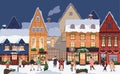 Christmas city lifestyle. People walking on street of European old town at Xmas eve, preparing for winter holiday. Cozy