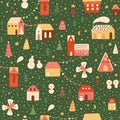 Christmas city in the snow. Magical Christmas village seamless pattern. Happy New Year repeated background. City, houses Royalty Free Stock Photo