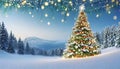 Christmas city street winter blurred background. Xmas tree with snow decorated with garland lights, holiday festive background. Royalty Free Stock Photo