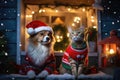 Christmas-clad dog and cat, snowy house porch. Royalty Free Stock Photo