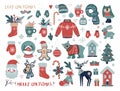 Christmas clipart with forest animals and decorative elements in scandinavian hand drawn style Royalty Free Stock Photo