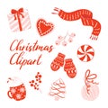 Christmas cards design. Holiday season greeting card. Joyful illustration with Christmas items