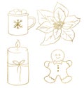 Christmas clipart with Poinsettia flower, candle, mug and Cookie illustration, golden outlines Royalty Free Stock Photo