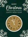 Merry Christmas and Happy New Year trendy greeting card with emerald background. Antique clock with roman numerals Royalty Free Stock Photo