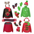 Christmas clothes. Winter ugly sweaters hats gloves scarves pullover with textile decoration vector pictures Royalty Free Stock Photo