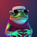 Christmas club party poster with frog Santa Claus. Generative AI. Not based on any actual scene or pattern