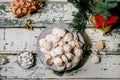 Christmas coconut gluten free cookies with coconut flakes on Christmas table. Top view