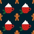 Christmas coffee or chocolat and gingerbread man cookies seamless pattern