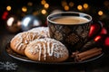 Christmas coffee cup and gingerbread cookies. Festive cozy image