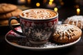 Christmas coffee cup and gingerbread cookies. Festive cozy image