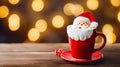 Christmas coffee cup with milk foam Santa Claus. Christmas latte art. Cozy atmosphere. Holiday background with copy