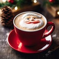 Christmas coffee cup with milk foam Santa Claus. Christmas latte art. Cozy atmosphere. Holiday background with copy