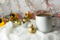 Christmas coffee cup with new year decorations on background Royalty Free Stock Photo