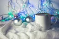 Christmas coffee cup with new year decorations on background Royalty Free Stock Photo