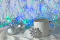 Christmas coffee cup with new year decorations on background Royalty Free Stock Photo