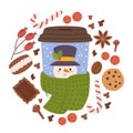 Christmas Coffee Joy In A Cup. Adorable Snowman Dons A Dapper Top Hat And Scarf, Spreading Holiday Cheer