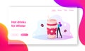 Christmas Coffee Landing Page Template. Woman Stand at Paper Disposable Mug with Hot Drink for Xmas Beverage, Cocoa