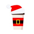 Christmas coffee or tea cup with red santa hat and gold buckle belt isolated white background