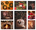 Christmas collage with eight photos. Fireplace, toys, socks, lamp