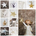 Christmas collage in white and gold with angel, candle, stars an Royalty Free Stock Photo