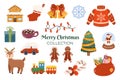 Christmas collection of different elements such a winter yellow house, bells with red bow, cocoa with marshmallow, car