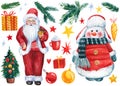 Christmas collection of elements with Santa and snowman, hand drawn watercolor