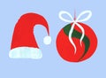 Christmas collection of flat icons. A set of elements for New Year`s decoration: Christmas ball, Santa Claus hat. Watercolor