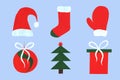 Christmas collection of flat icons. A set of 6 elements for New Year`s decoration: a gift, a mitten, a Christmas tree, a ball, a Royalty Free Stock Photo