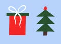 Christmas collection of flat icons. A set of 2 items for Christmas decoration: a gift and a Christmas tree. Bright red with green Royalty Free Stock Photo