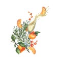 Christmas collection with levitation tangerines, glass of splashing champagne and pine twigs. Watercolor illustration Royalty Free Stock Photo
