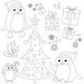 Christmas collection with penguins, Christmas tree and gifts. Vector black and white coloring page. Royalty Free Stock Photo