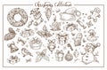 Christmas collection of symbolic traditional elements monochrome sketch outline vector.