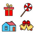 Christmas Color Icon Set. Winter Holiday Symbols Collection, Vector Sketches, Logo Illustrations