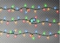 Christmas color lights string. Transparent effect decoration isolated on dark background. Realistic Royalty Free Stock Photo