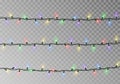 Christmas color lights string. Transparent effect decoration isolated on dark background. Realistic Royalty Free Stock Photo