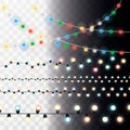 Christmas color lights string. Transparent effect decoration isolated on dark background. Realistic Christmas garland vector. Wint Royalty Free Stock Photo