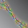 Christmas color lights string. Transparent effect decoration isolated on dark background. Realistic Royalty Free Stock Photo