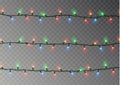 Christmas color lights string. Transparent effect decoration isolated on dark background. Realistic Royalty Free Stock Photo