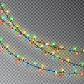 Christmas color lights string. Transparent effect decoration isolated on dark background. Realistic Royalty Free Stock Photo