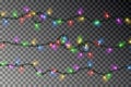 Christmas color lights string vector. Transparent colorful effect decoration isolated on dark background. Realistic Christmas garl Royalty Free Stock Photo