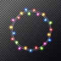 Christmas color lights wreath. Glowing colorful xmas garland. Merry Christmas luxury frame. Holiday design for greeting Royalty Free Stock Photo