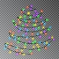 Christmas color tree of lights string hanging on wall. Transparent effect decoration isolated on dar