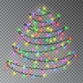 Christmas color tree of lights string hanging on wall. Transparent effect decoration isolated on dar