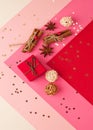 Christmas  colorful background with a graphic pattern, with snowflakes, Christmas decorations, wooden toys, cinnamon, stars and Royalty Free Stock Photo