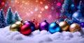 Christmas colorful baubles on snow abstract space with light background Royalty Free Stock Photo